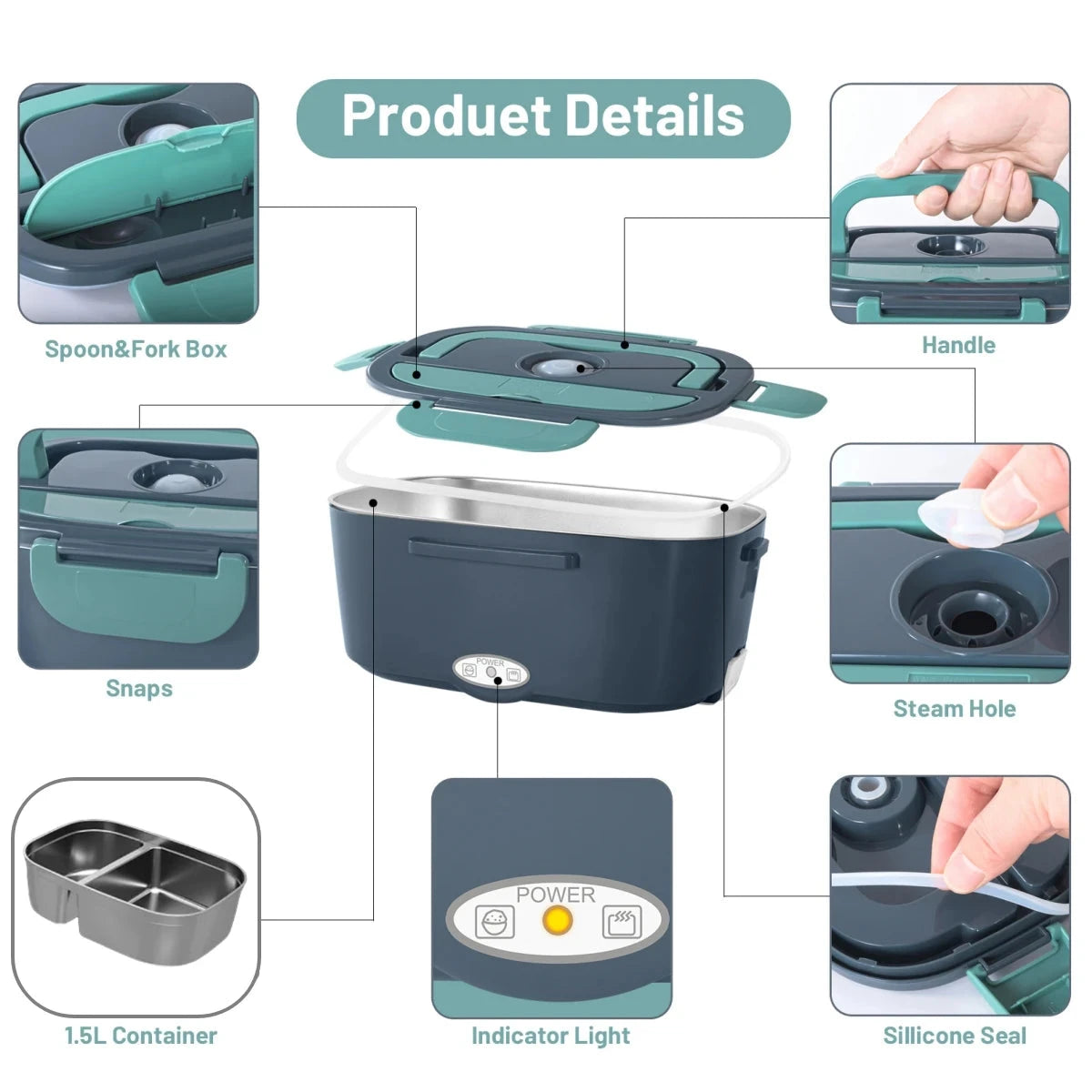 Electric lunch box product details showing 1.5L stainless container, steam hole, silicone seal, and power indicator for safe heating.