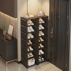 Tall multi-layer shoe organizer in hallway