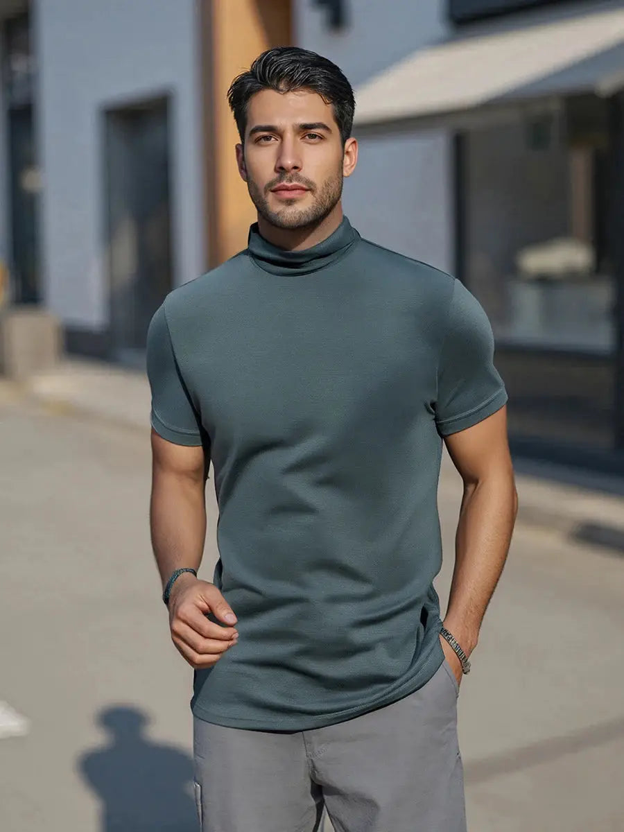 Men’s Casual High-Neck T-Shirt – Solid Color Short Sleeve Basic Tee for Summer Everyday Wear