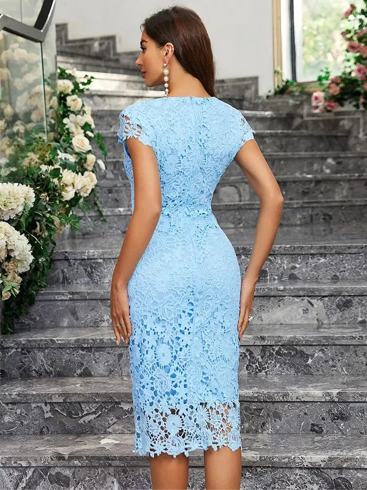 Womens Blue Lace Mini Dress Sleeveless Ruffle Design Hollow-Out Slim Fit for Evening & Party