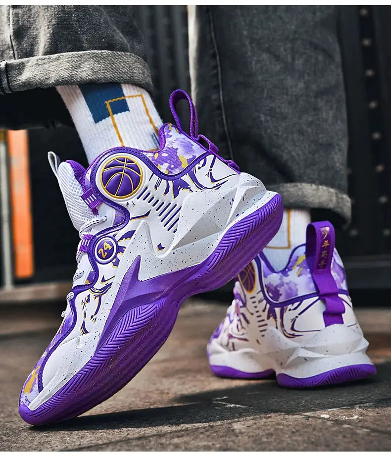 Rear view of purple graffiti men's basketball shoes with non-slip sole and breathable mesh, ideal for outdoor sports training.