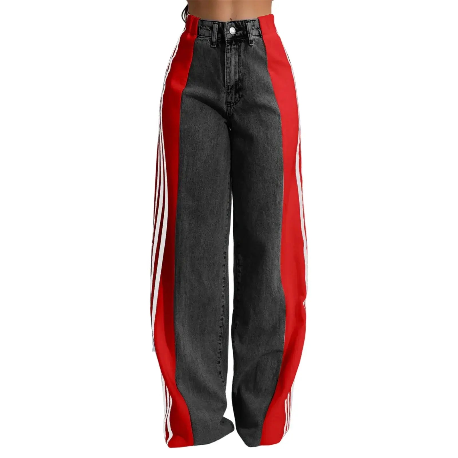 Black denim wide leg jeans with red side stripes, high waist and relaxed fit for women’s bold and trendy spring fashion.