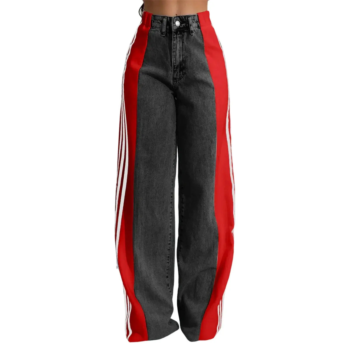 Black denim wide leg jeans with red side stripes, high waist and relaxed fit for women’s bold and trendy spring fashion.