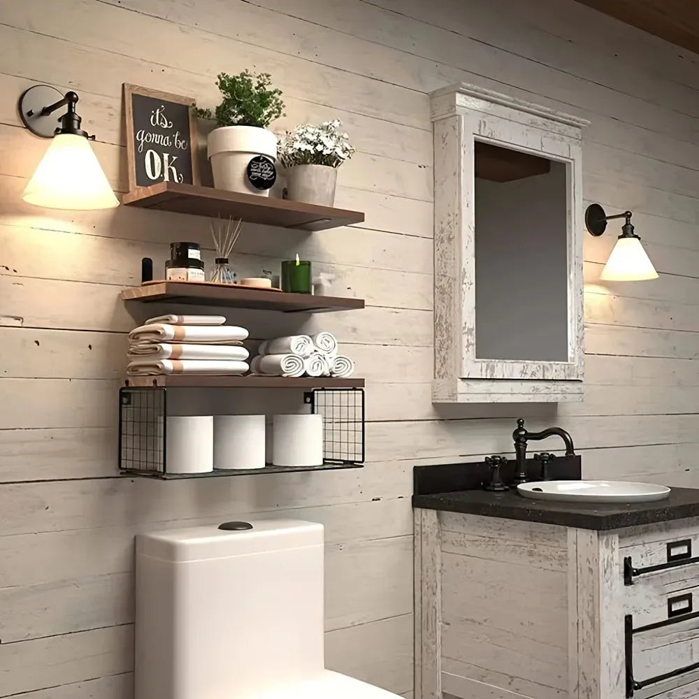 Floating Shelves Set Wall Mounted Wooden Farmhouse Design