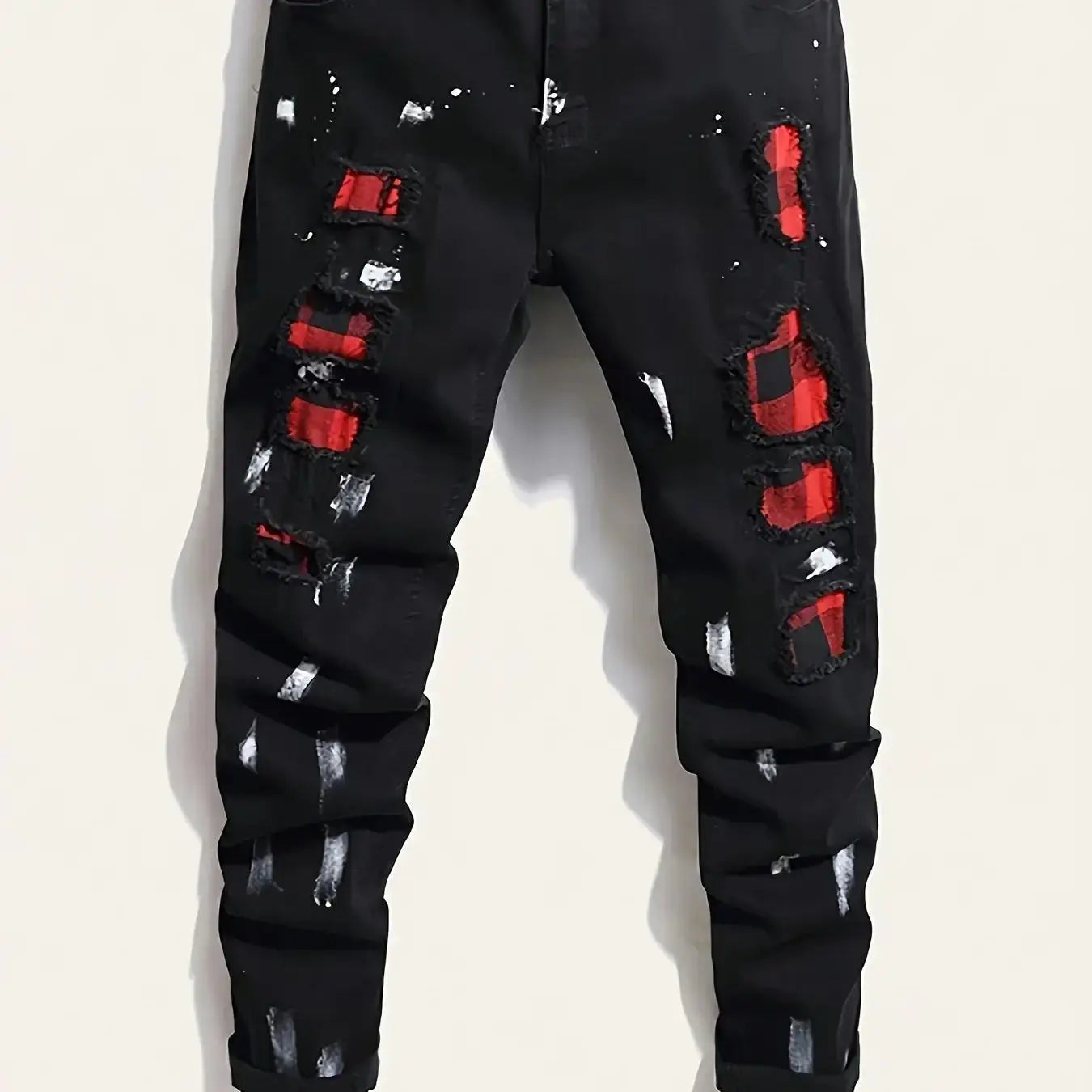 Men’s Straight Leg Street Style Jeans – Splashed Plaid Ripped Design in Stretch Cotton Blend for Casual Looks