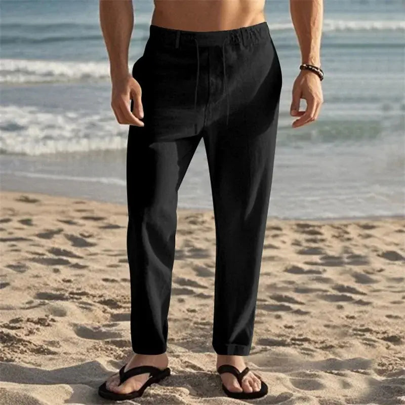 Men's lightweight linen pants with drawstring and pockets in black, straight-leg summer trousers ideal for beach and casual wear.