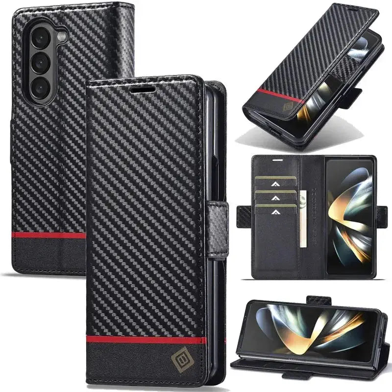 PU leather wallet case with carbon fiber design for Samsung Galaxy Z Fold 3/4/5/6, magnetic flip cover with stand function