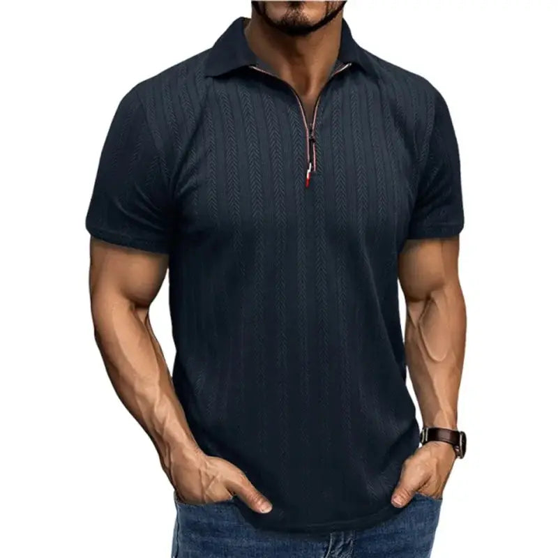 Men’s Jacquard Zip Polo Shirt – Short Sleeve Turn-Down Collar Top for Stylish Summer Casual Looks