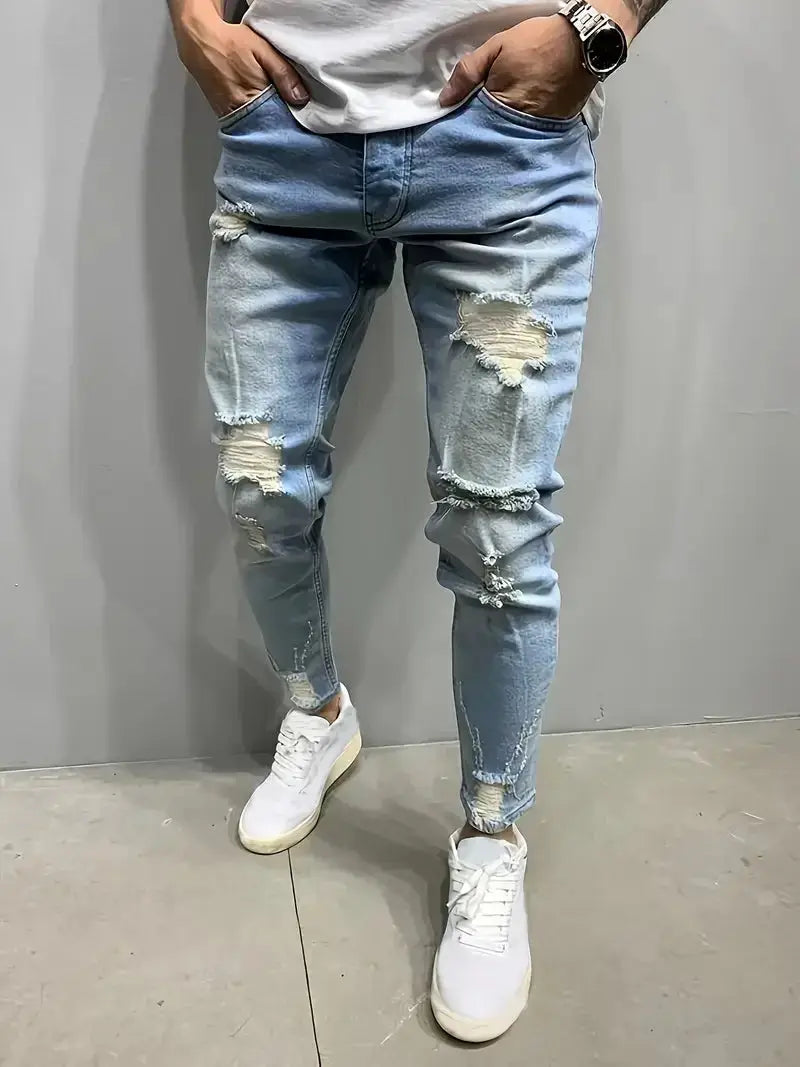 Men’s Slim Fit Ripped Jeans – Light Blue Distressed Denim with Stretch for Casual Street Style