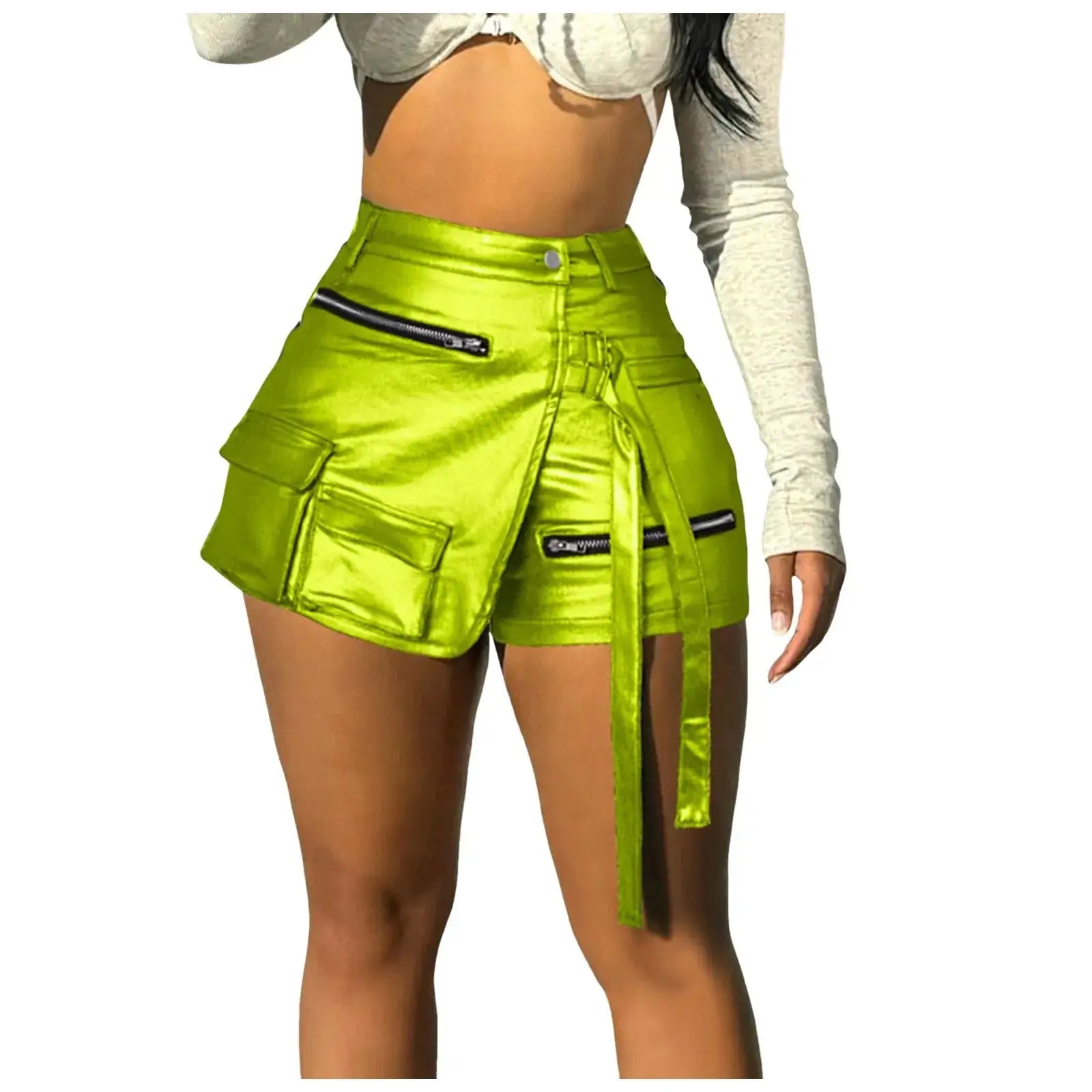 Women’s faux leather shorts, solid color slim fit design with side zipper and patchwork-style seams
