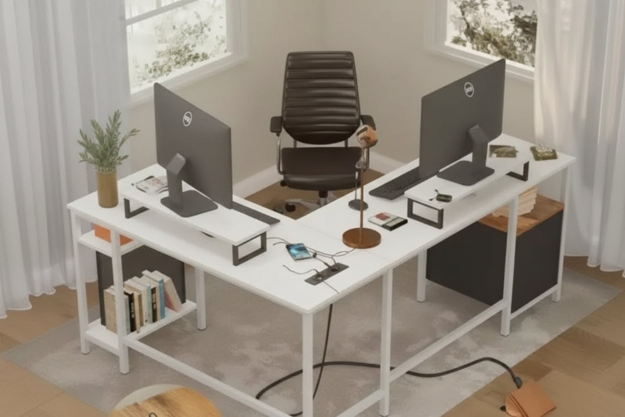 L Shaped Office Desk with Power Socket Storage