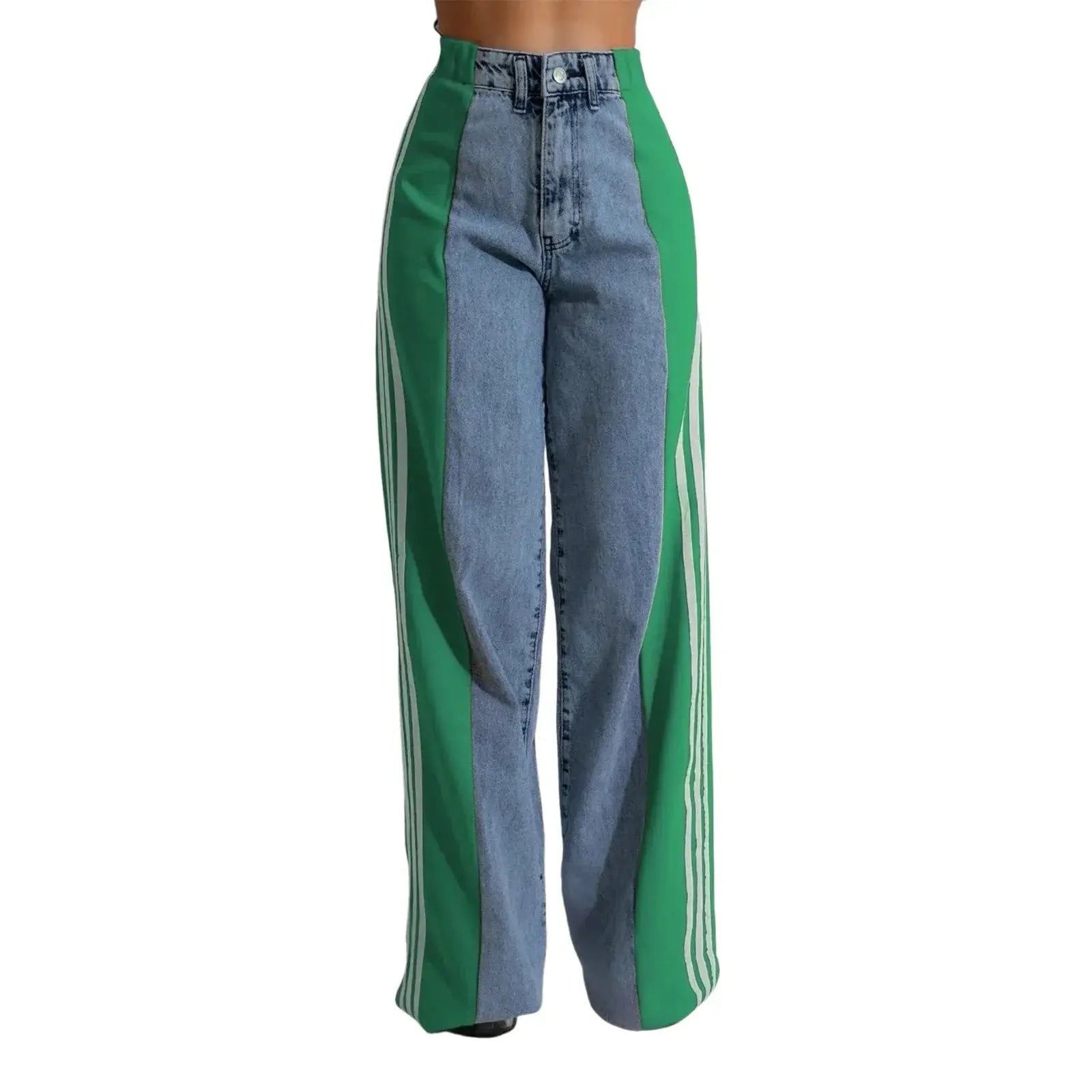 Blue denim wide leg jeans with green side stripes, high waist and relaxed fit for women’s spring fashion and street style.