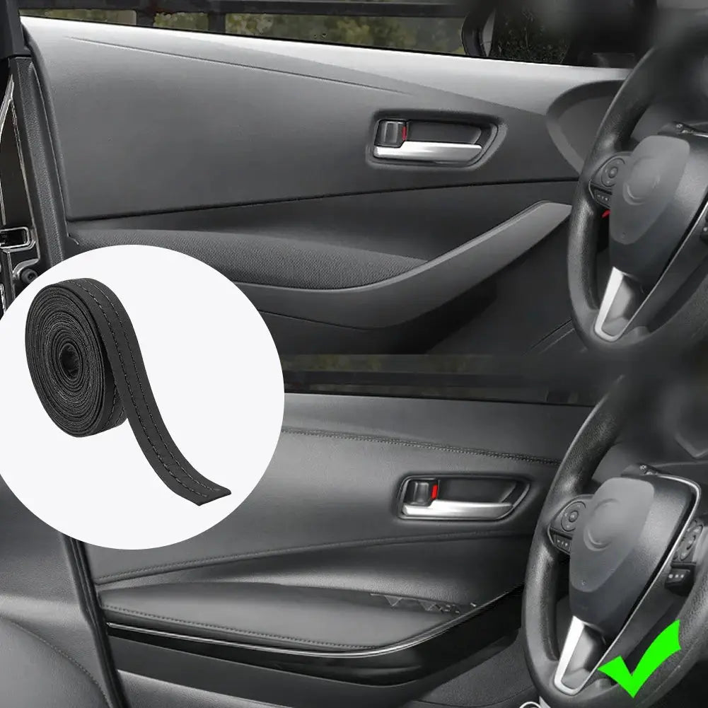 Black PU leather trim strip installed on car door panel, enhancing interior design with a clean and modern look.