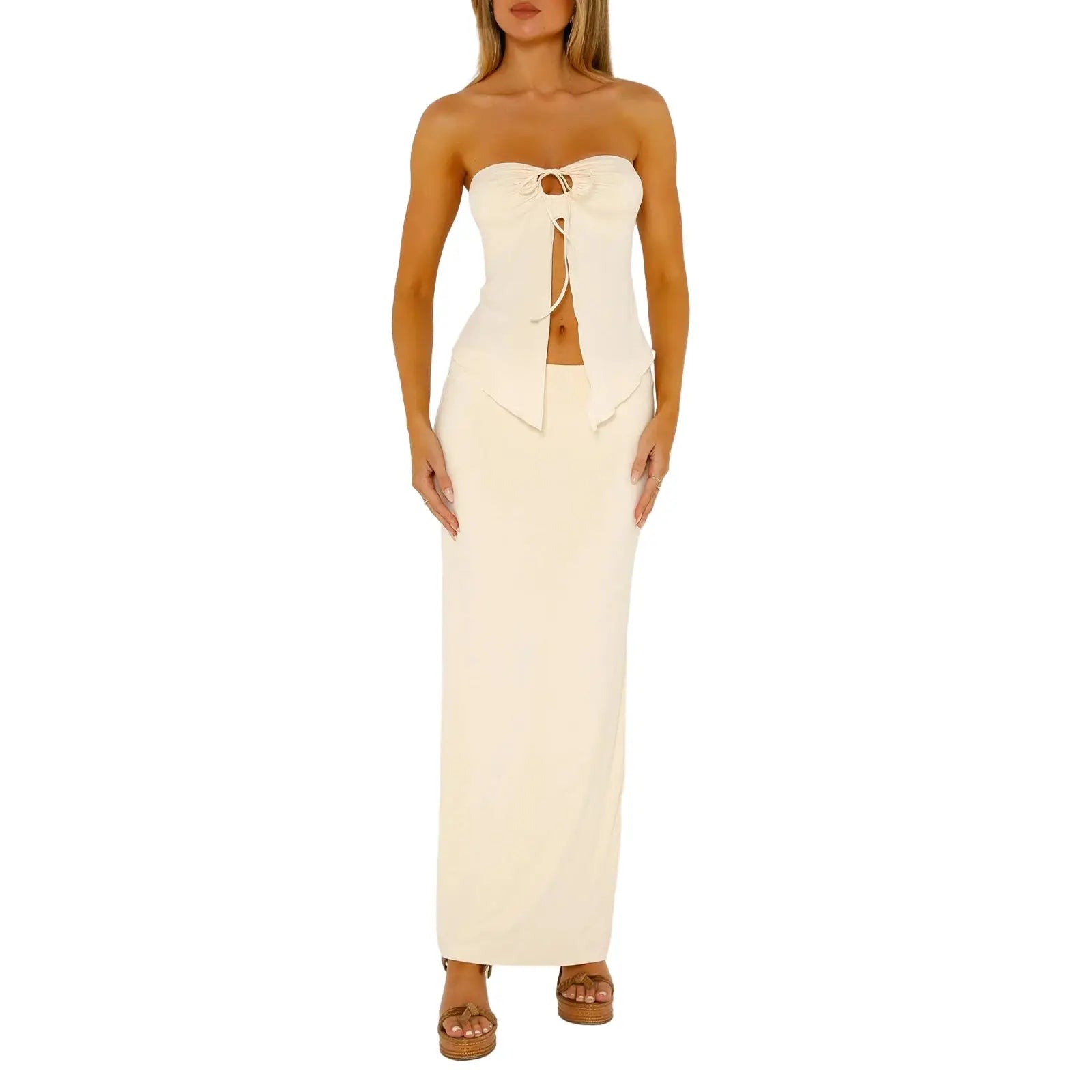 2-Piece Women's Outfit, Cutout Bandeau Top with Drawstring and Elastic Pencil Skirt for Streetwear Style