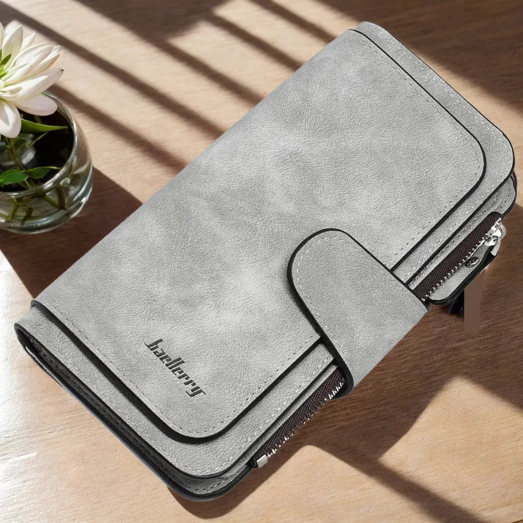 Gray women's long trifold wallet with large capacity and elegant design, suitable for organizing cards, cash, and phone.