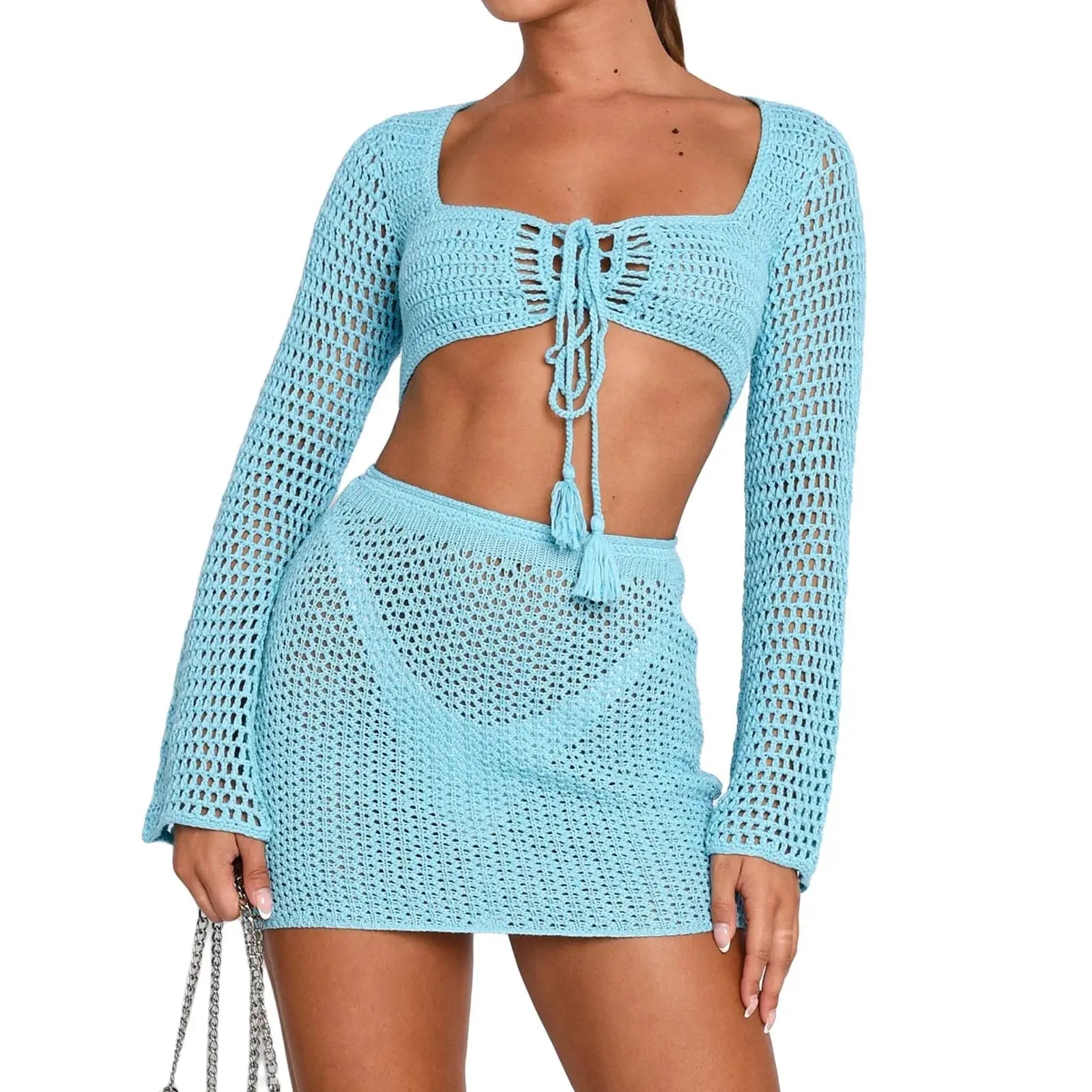 Womens 2-piece beachwear set featuring a knit tie-front long sleeve cover-up and matching mini sarong skirt in light blue, ideal for summer outings.