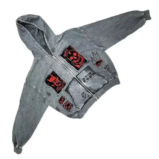 Y2K unisex hoodie with vintage skull and letter print, oversized sweatshirt jacket with hood