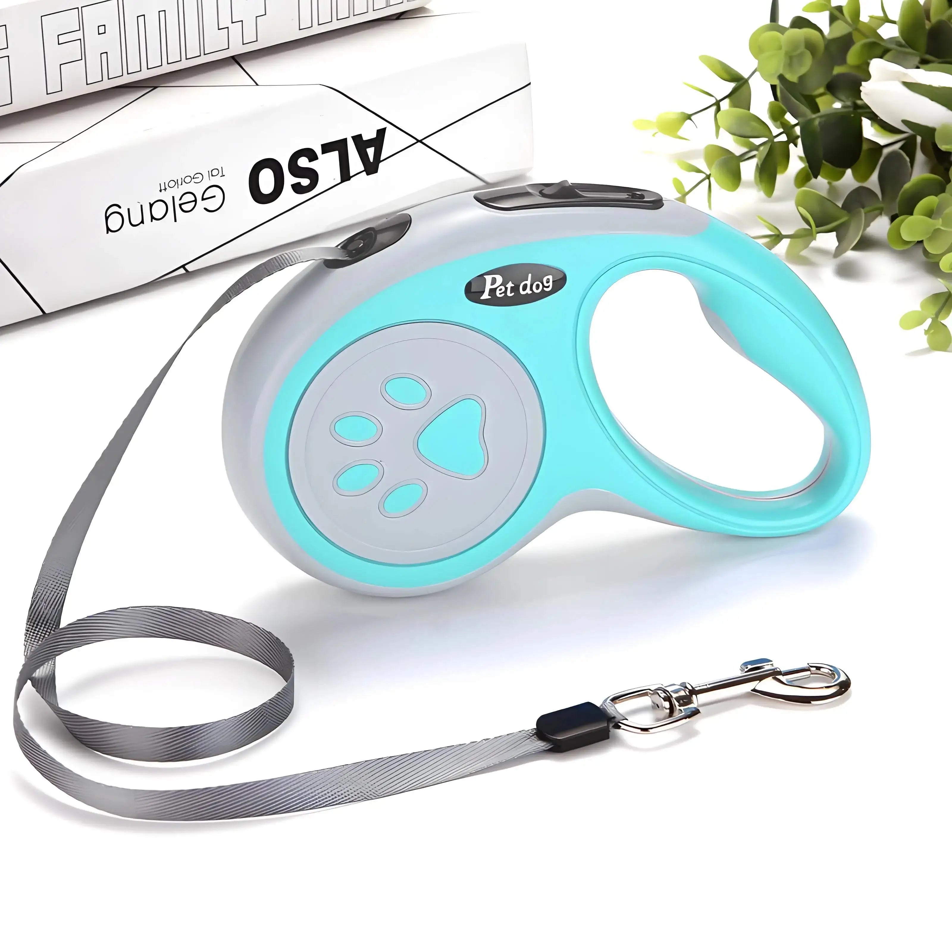 Blue Automatic Retractable Nylon Pet Leash extended with metal clip. Durable lead for small pets, ideal for outdoor walking and running activities.