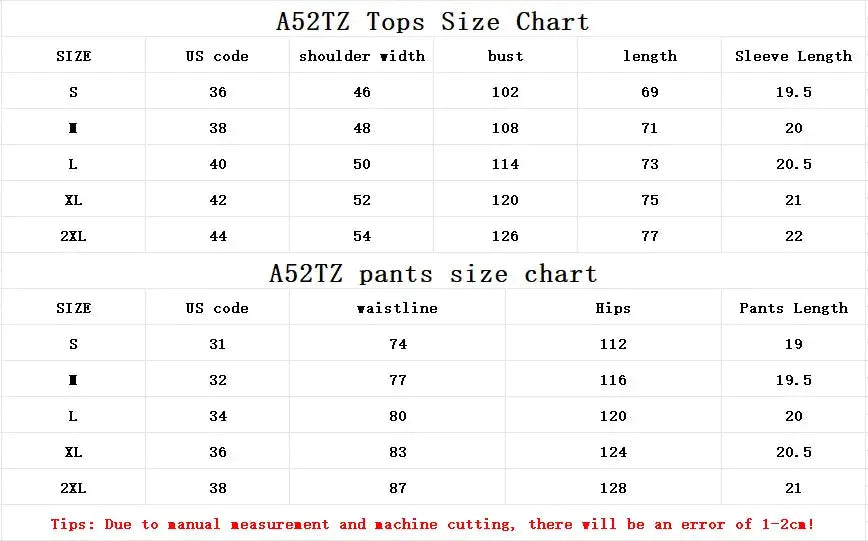 Size chart for A52TZ men's 2-piece summer outfit showing US sizes, shoulder width, chest, waistline, hips, and pants length for accurate fitting.