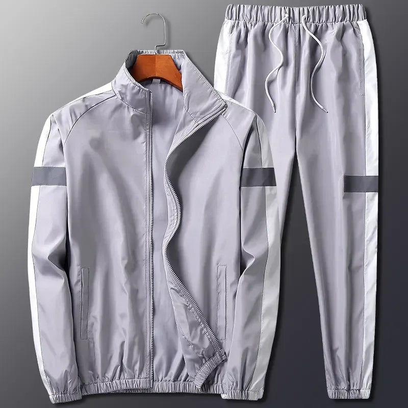 Gray men's 2-piece tracksuit set with white and gray stripe accents.