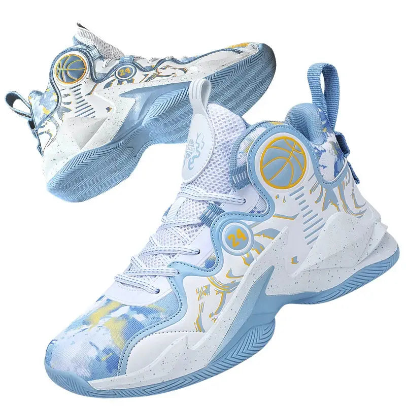 Fashionable men's basketball sneakers in blue and white graffiti style, designed for outdoor courts with breathable mesh and lace-up closure.