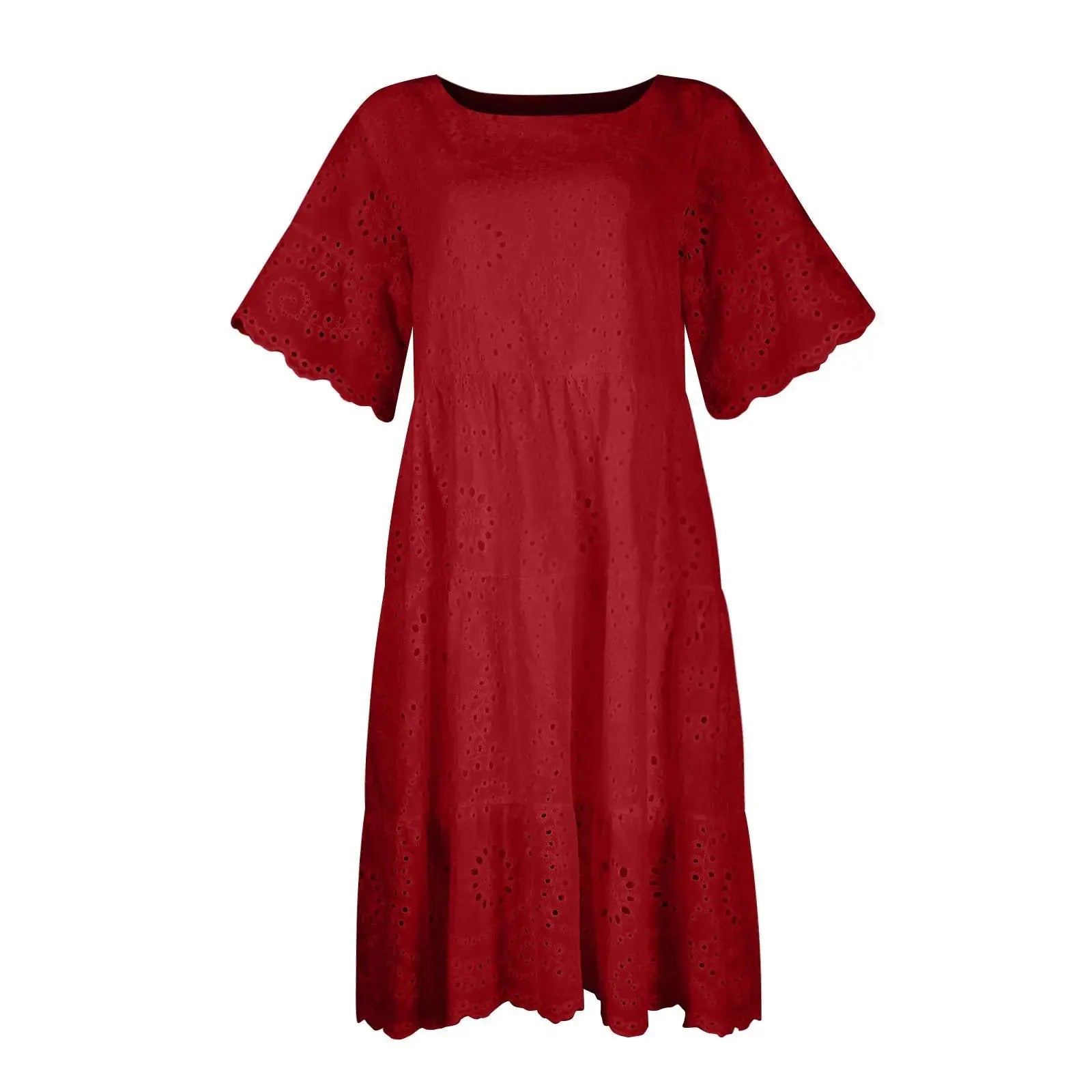Women’s boho white lace dress, casual short sleeve sundress with pleats and hollow-out details
