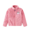 Pink fuzzy jacket with embroidered patch on chest