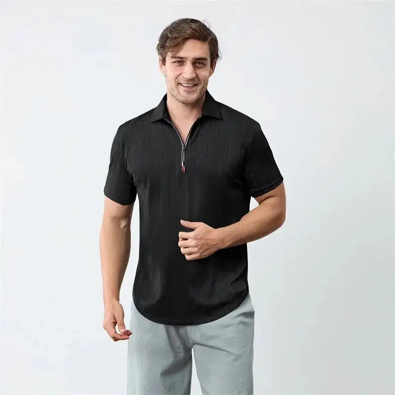 Men’s Jacquard Zip Polo Shirt – Short Sleeve Turn-Down Collar Top for Stylish Summer Casual Looks