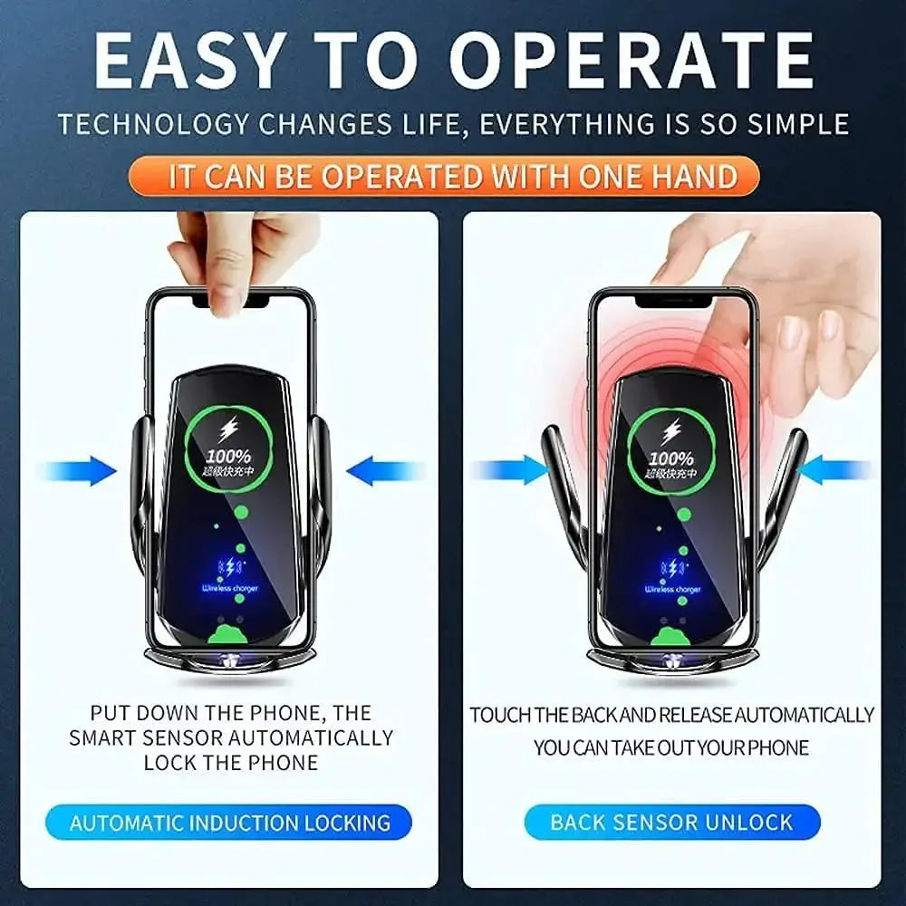 Easy one-hand operation of 15W fast wireless charger with smart sensor and auto-clamping, compatible with iPhone and Android.