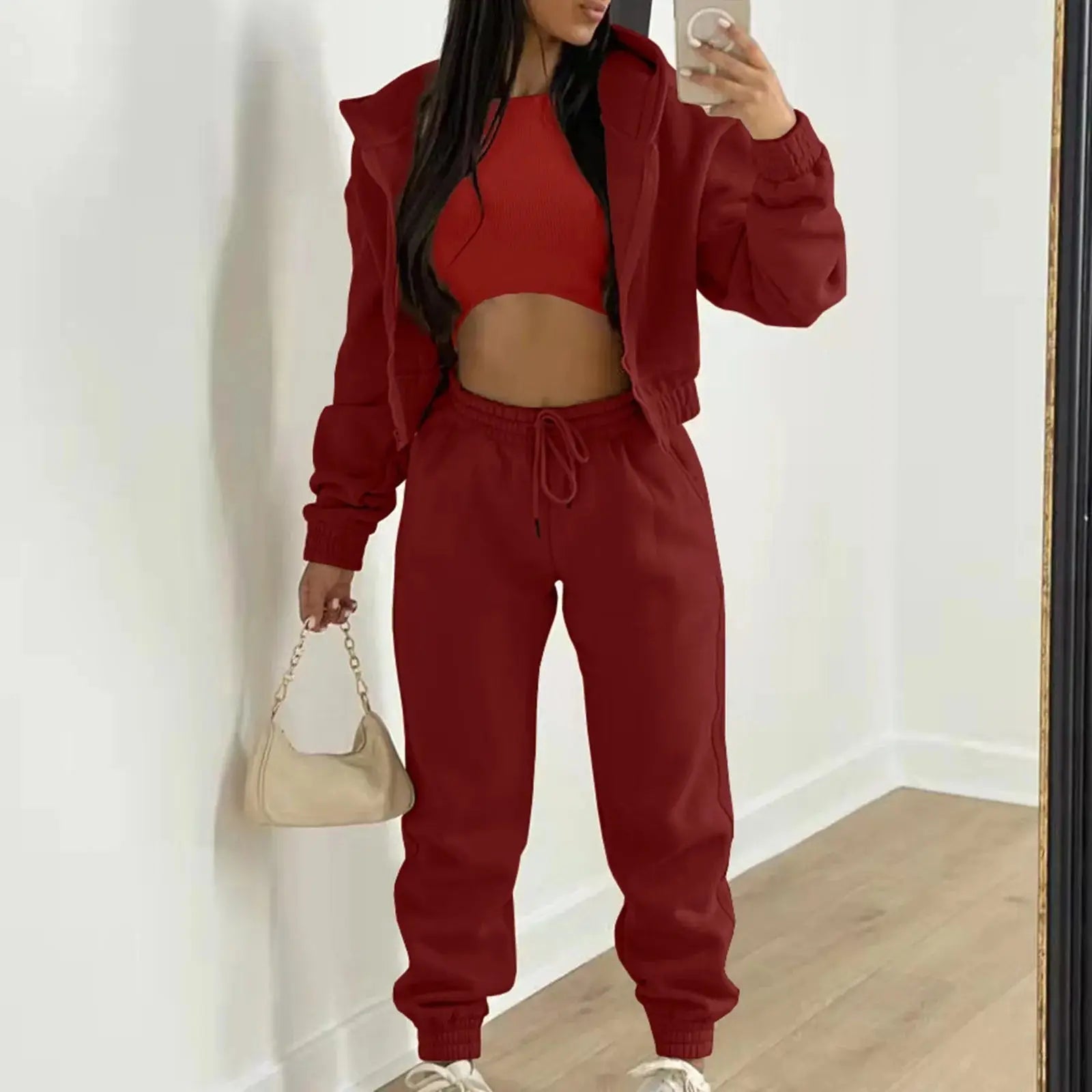 Women's Autumn Winter Casual Tracksuit Set with Vest Top, Zipper Jacket and Loose Pants, Available in Plus Sizes