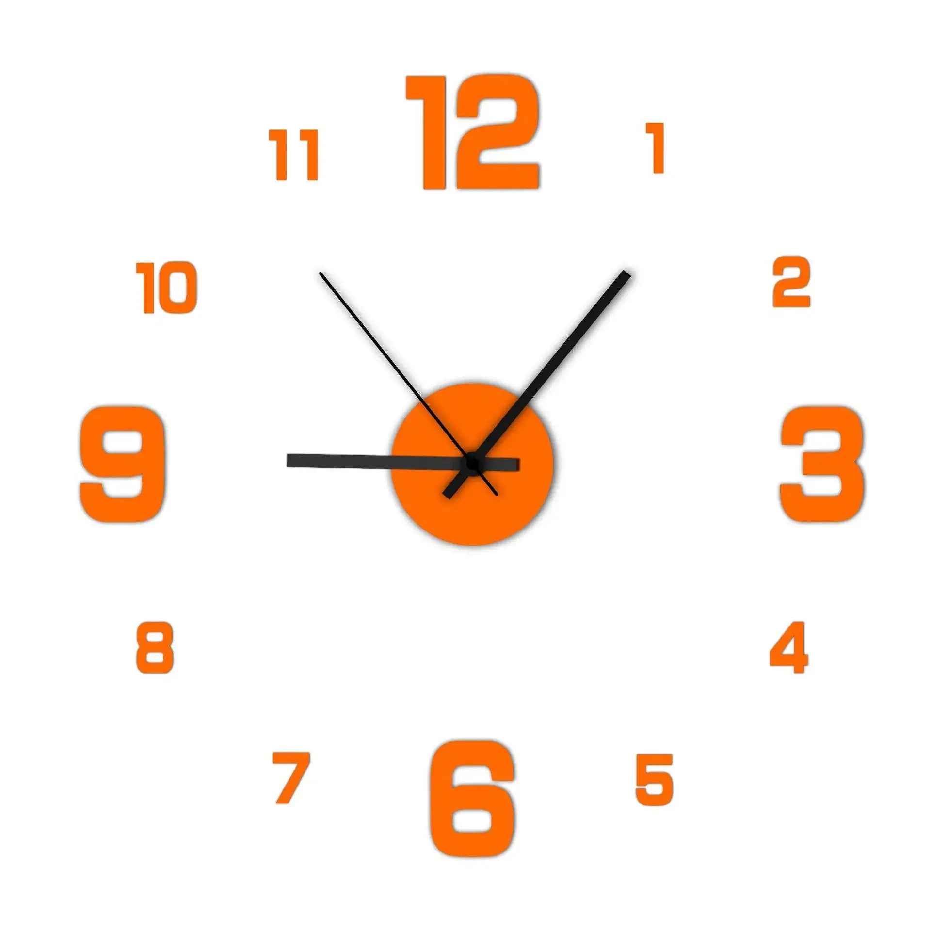 Frameless wall clock with vibrant orange numbers and modern style.