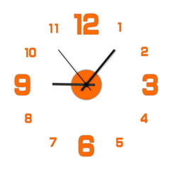 Frameless wall clock with vibrant orange numbers and modern style.