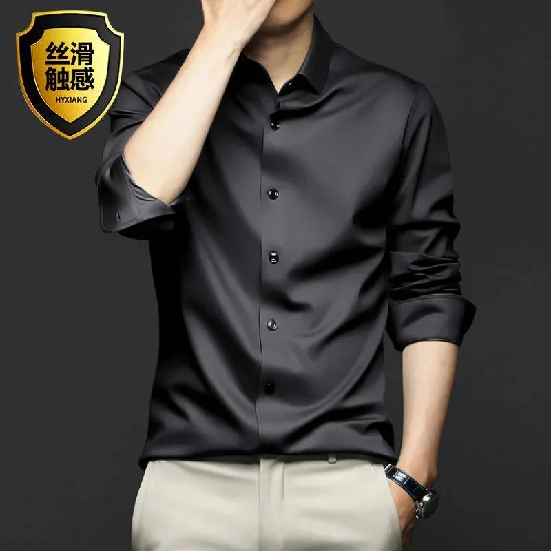 Sleek black long sleeve men's shirt, perfect for formal and special events.