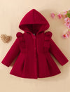 Girls' red fleece hooded coat with ruffles, long sleeves.