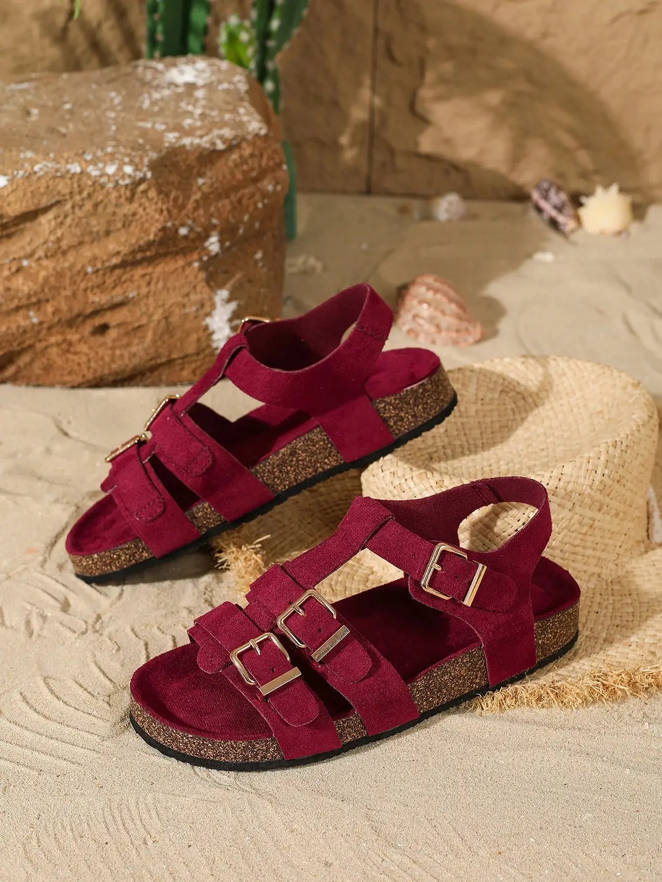 Women's Suede Leather Flat Sandals with 2 Adjustable Buckle Straps & Non-Slip Sole – Casual Comfort