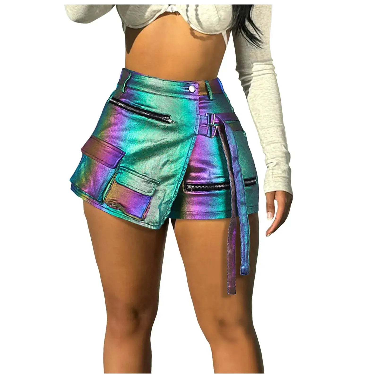 Women’s faux leather shorts, solid color slim fit design with side zipper and patchwork-style seams