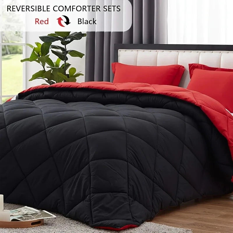 Black and red reversible microfiber bedding comforter set with matching pillow shams, ideal for year-round use in modern bedrooms.