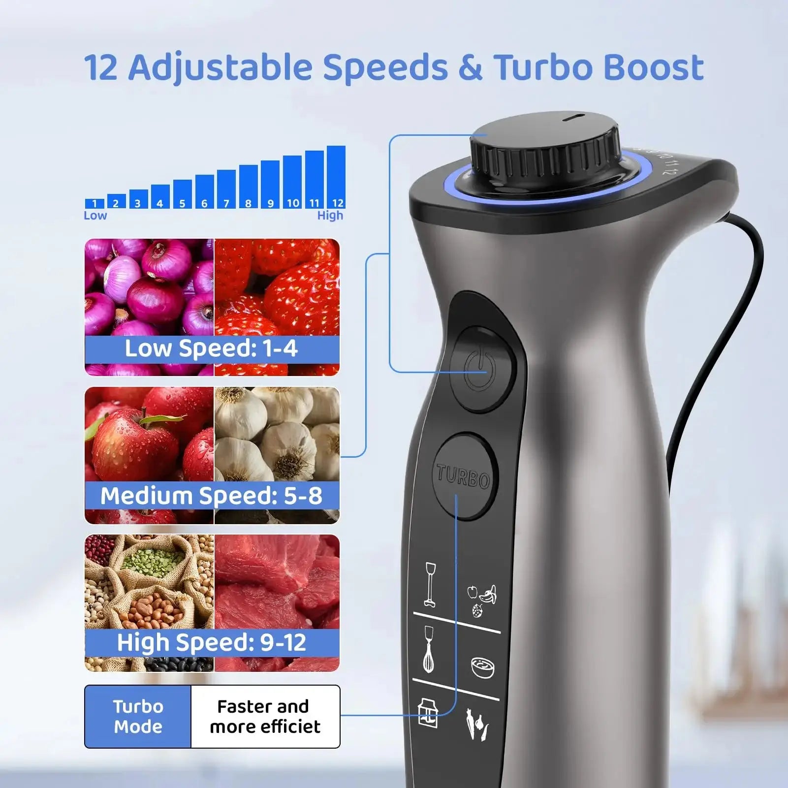 Powerful handheld immersion blender, mixer for vegetables, meat, smoothies, sauces, baby food and soups