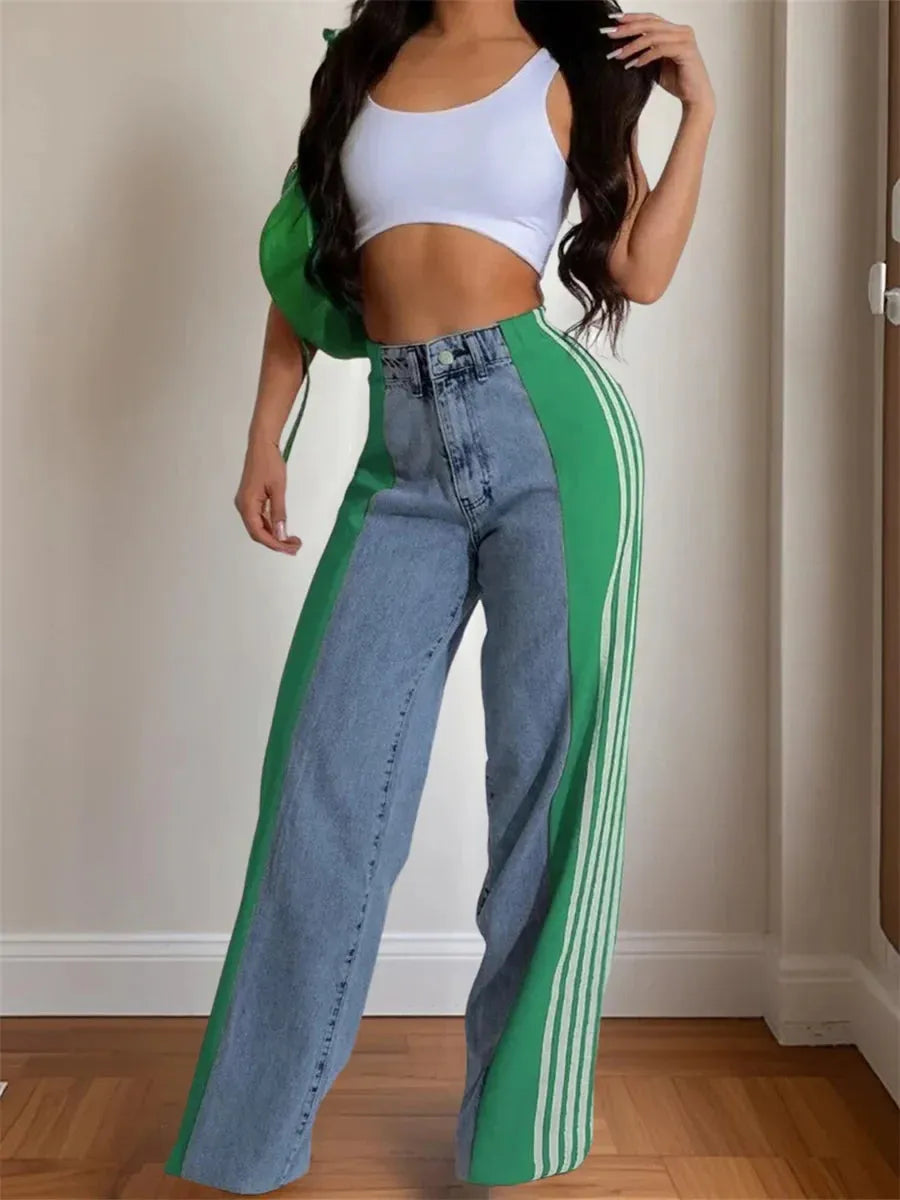 Women’s vintage high waist wide leg jeans in blue denim with green side stripes, baggy fit ideal for trendy spring fashion outfits.