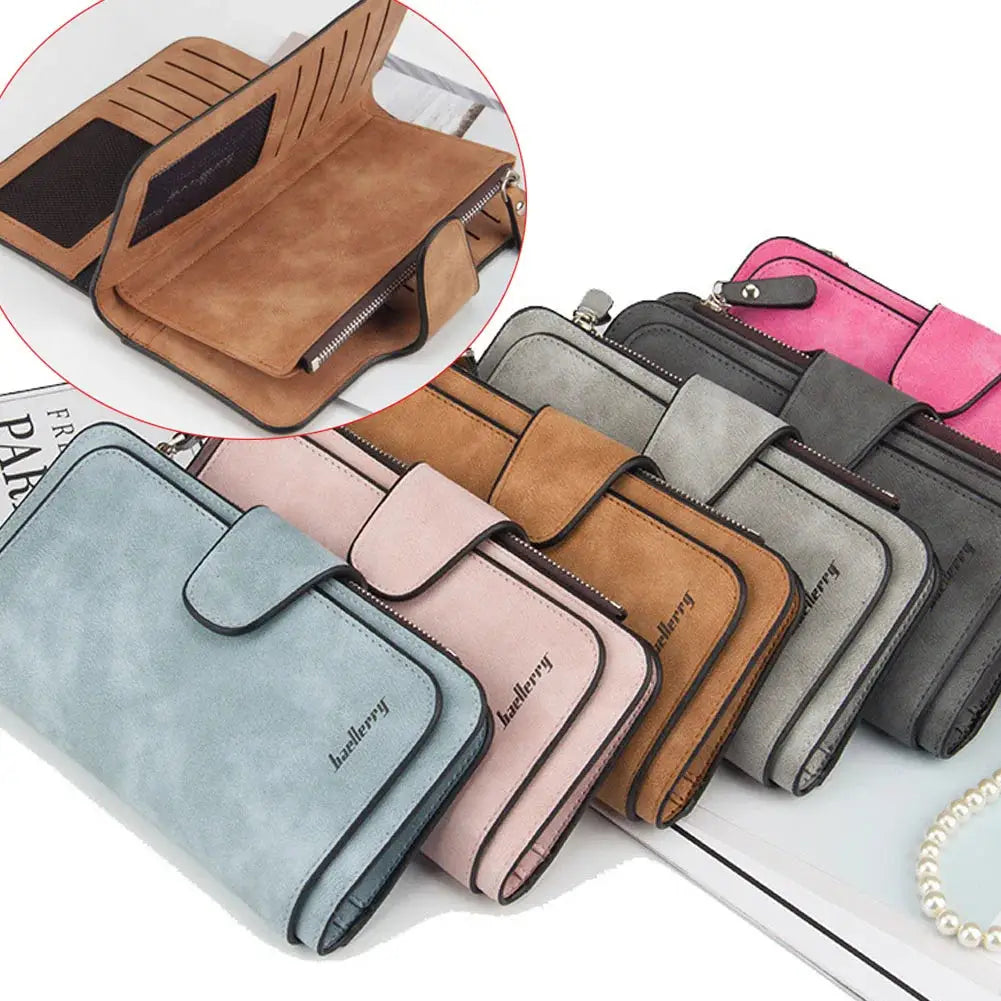 Women's long trifold wallet with large capacity in multiple colors, featuring credit card slots and cellphone pocket for organized storage.