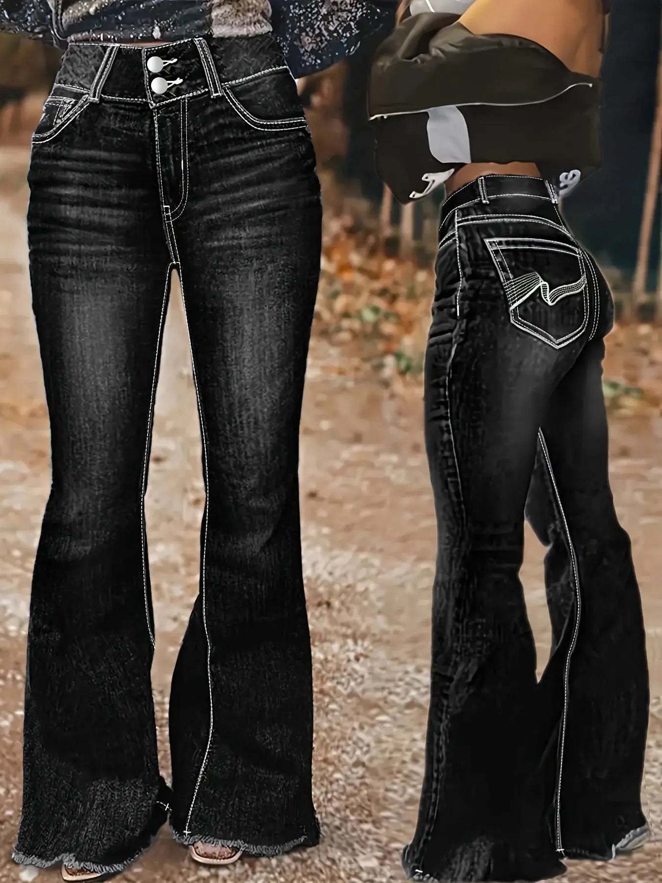 Women’s Retro High-Waisted Jeans – Black Embroidered Denim with Geometric Pattern & Frayed Hem – Four-Season Plus Size Fit