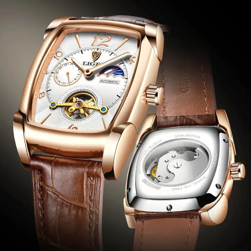 Men's Mechanical Leather Watch – Luxury Square Design with Tourbillon & Business Sport Style