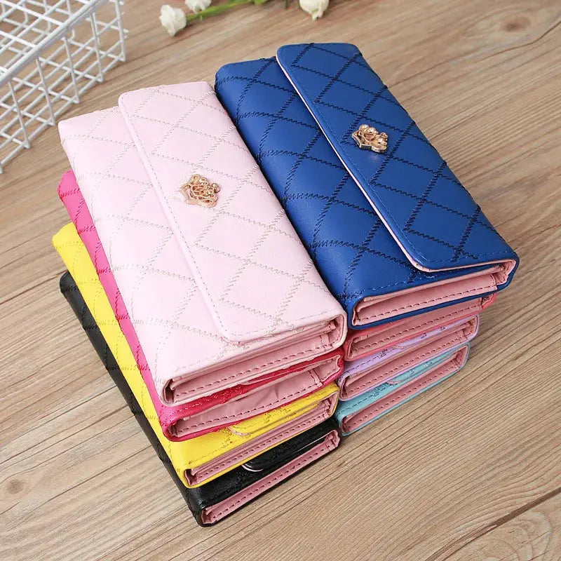 Women’s long PU leather wallet with crown detail, bifold card holder and phone organizer purse for daily use