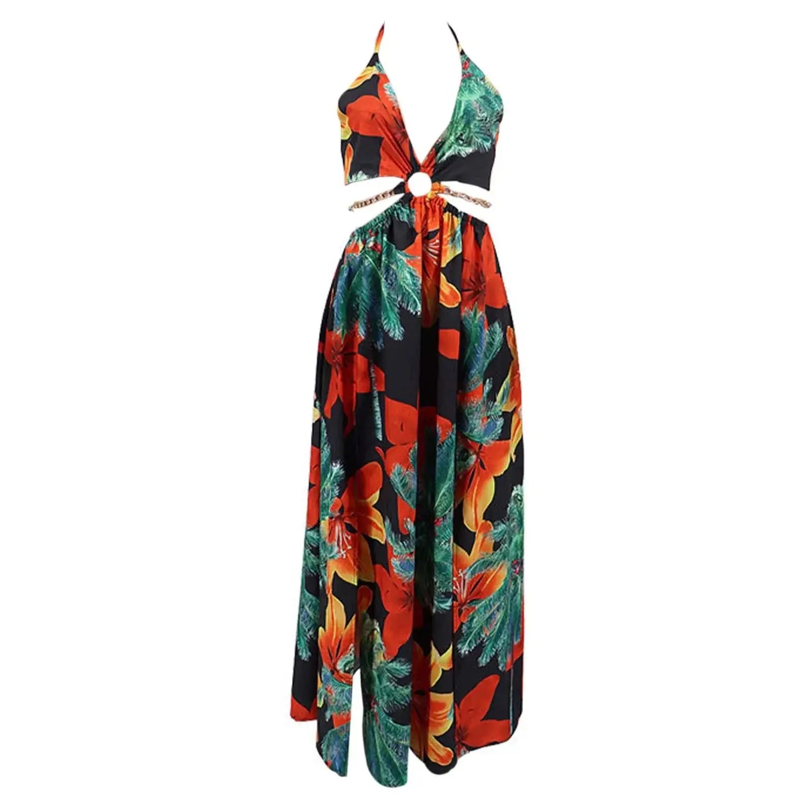 Women’s floral print maxi dress with halterneck and high split, elegant summer camisole-style outfit
