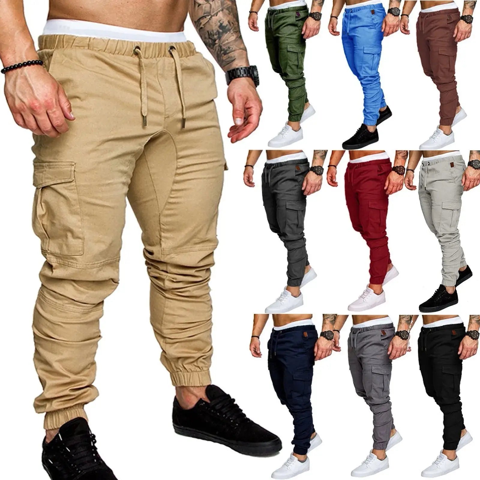 Men’s ankle-tied skinny cargo pants with drawstring in multiple colors, featuring multi-pocket design for casual, fitness, and workwear use.