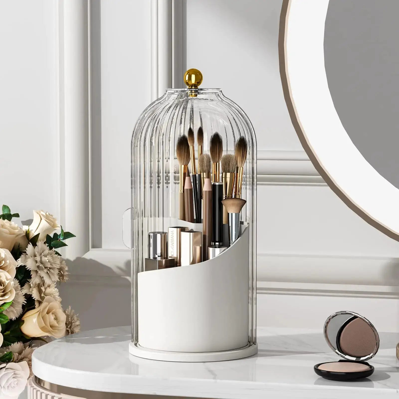 360° Rotating Makeup Brush Organizer with Lid Clear Dustproof Holder