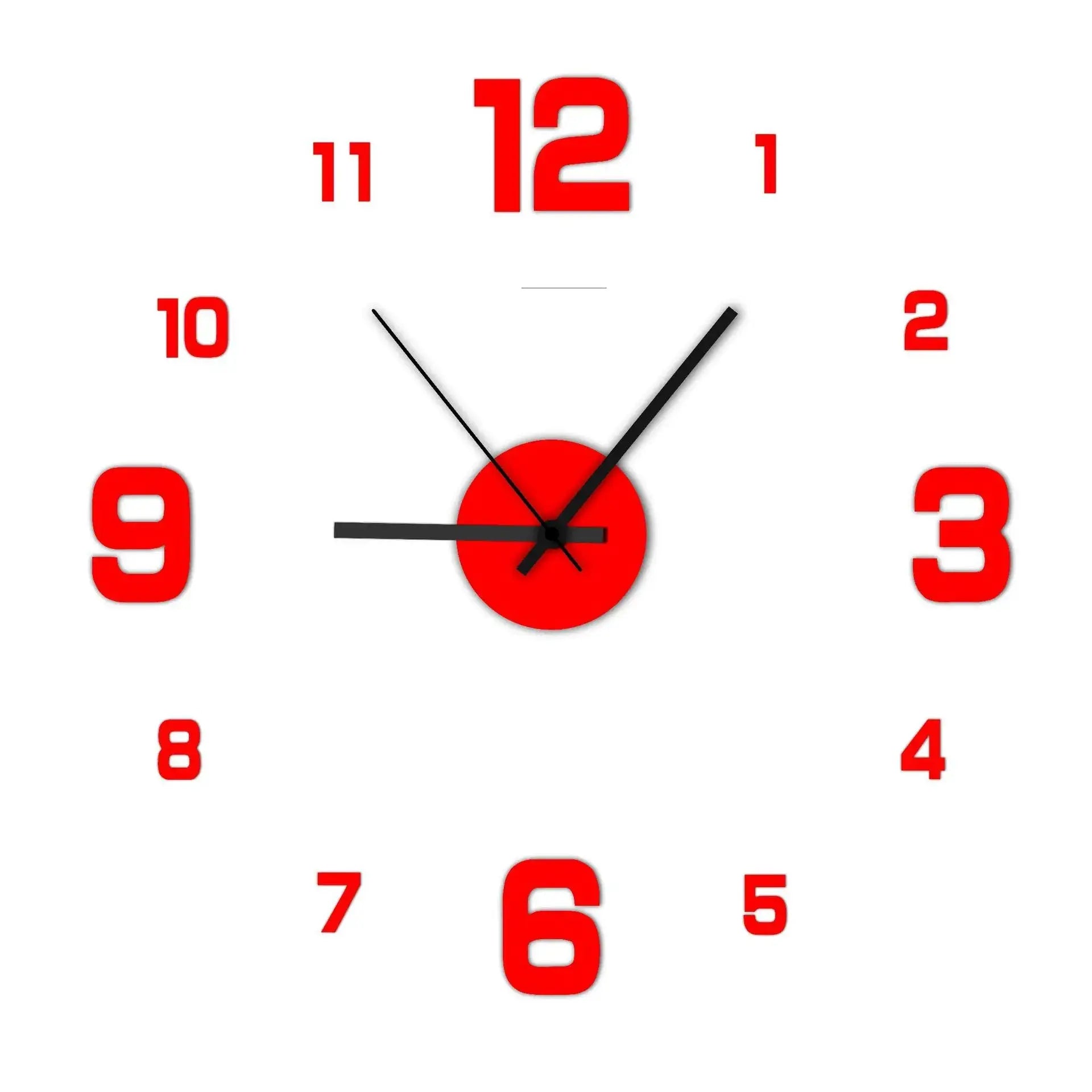 Frameless wall clock with striking red numbers and contemporary design.