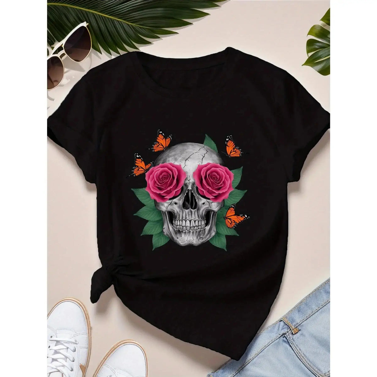 Plus Size Women’s Skull & Butterflies Graphic T-Shirt – Soft Cotton Short Sleeve for Casual Sportswear