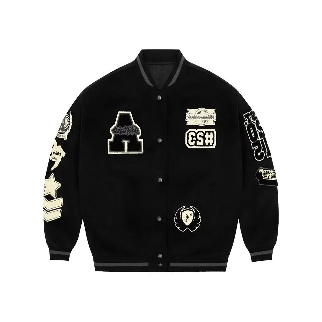 Mens Vintage Bomber Jacket Flocked Embroidery Stand Collar Loose High Street Spring Coat