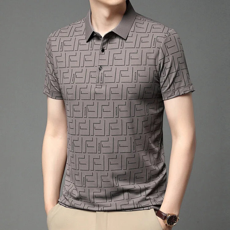 Brown short sleeve silk t-shirt for men modeled by a man.